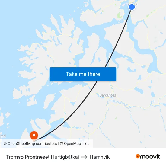 Tromsø Prostneset Hurtigbåtkai to Hamnvik map