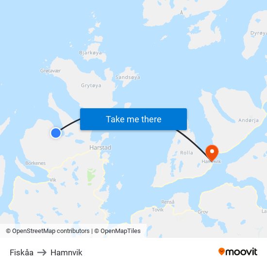 Fiskåa to Hamnvik map