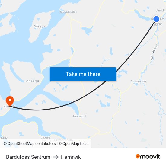 Bardufoss Sentrum to Hamnvik map