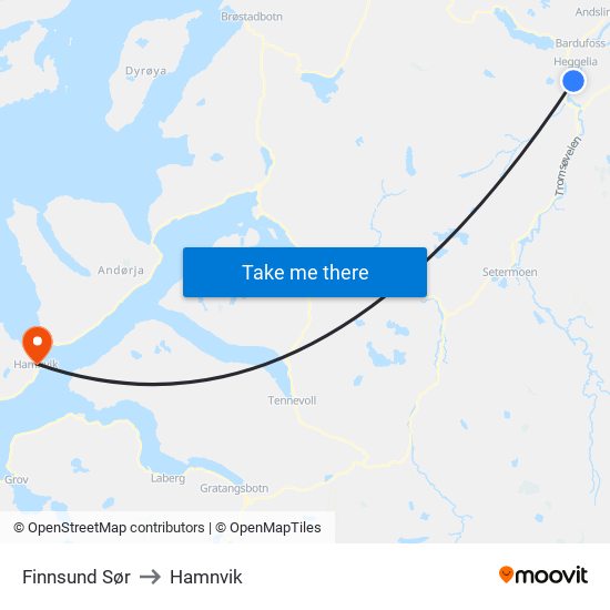 Finnsund Sør to Hamnvik map