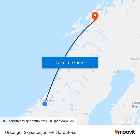 Orkanger Skysstasjon to Bardufoss map