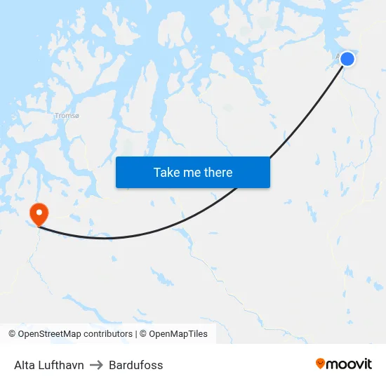 Alta Lufthavn to Bardufoss map
