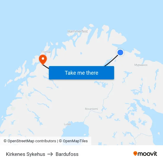 Kirkenes Sykehus to Bardufoss map