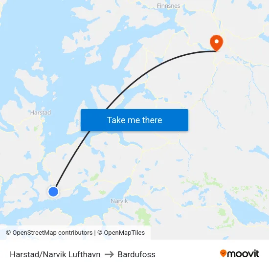 Harstad/Narvik Lufthavn to Bardufoss map