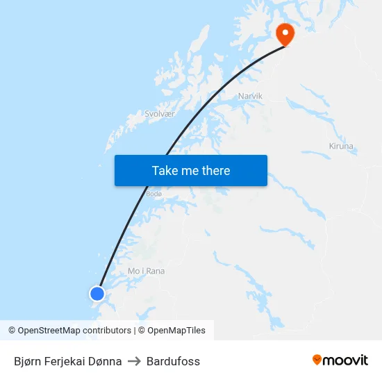 Bjørn Ferjekai Dønna to Bardufoss map
