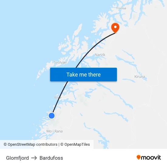 Glomfjord to Bardufoss map