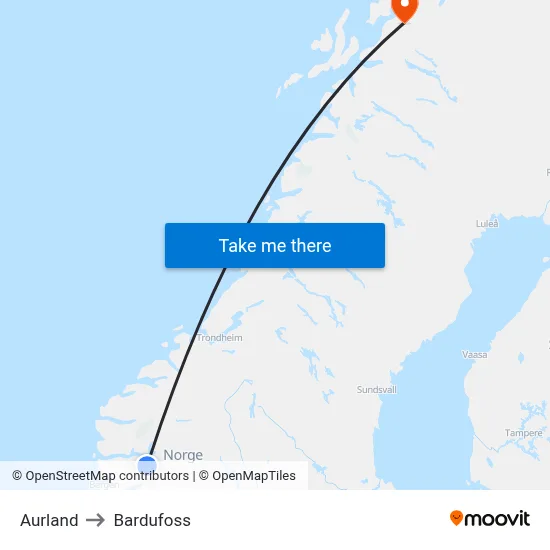 Aurland to Bardufoss map