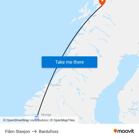 Flåm Stasjon to Bardufoss map