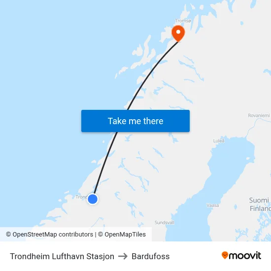 Trondheim Lufthavn Stasjon to Bardufoss map