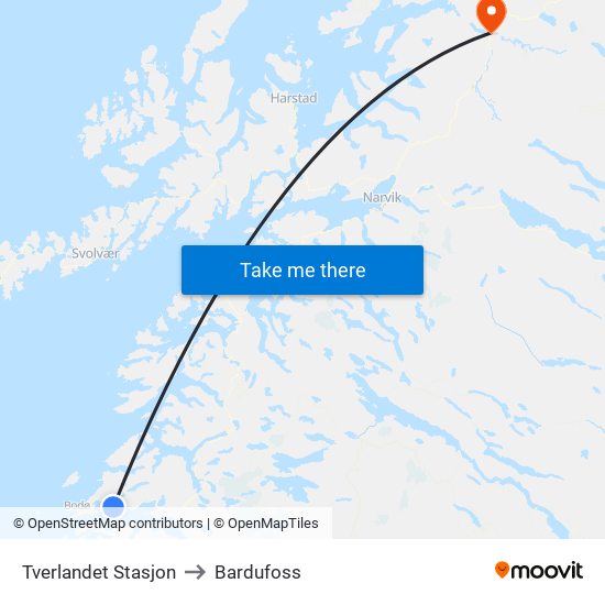 Tverlandet Stasjon to Bardufoss map