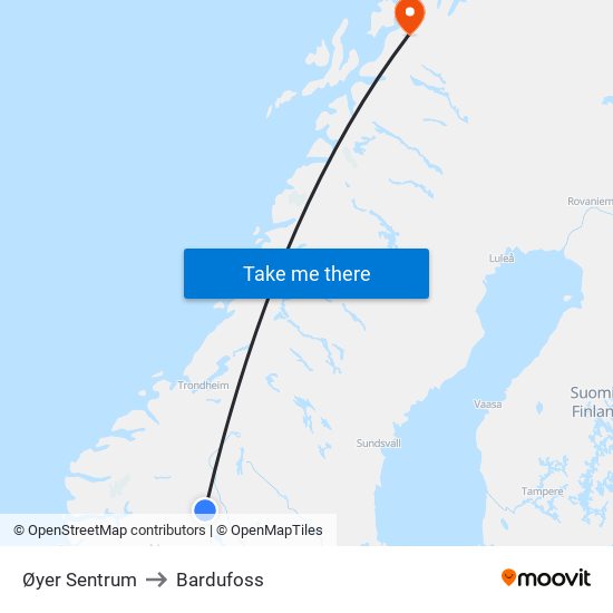 Øyer Sentrum to Bardufoss map