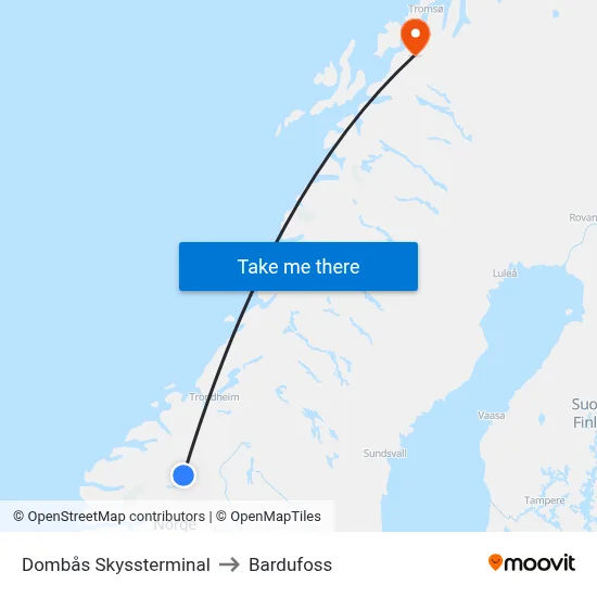 Dombås Skyssterminal to Bardufoss map