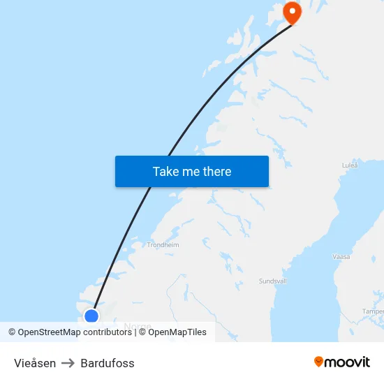 Vieåsen to Bardufoss map