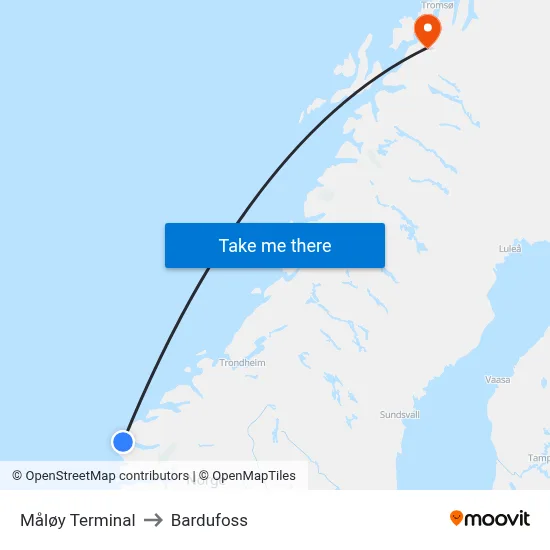 Måløy Terminal to Bardufoss map
