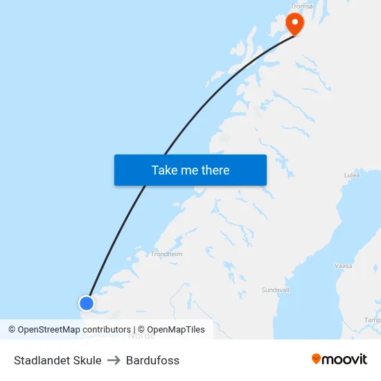 Stadlandet Skule to Bardufoss map