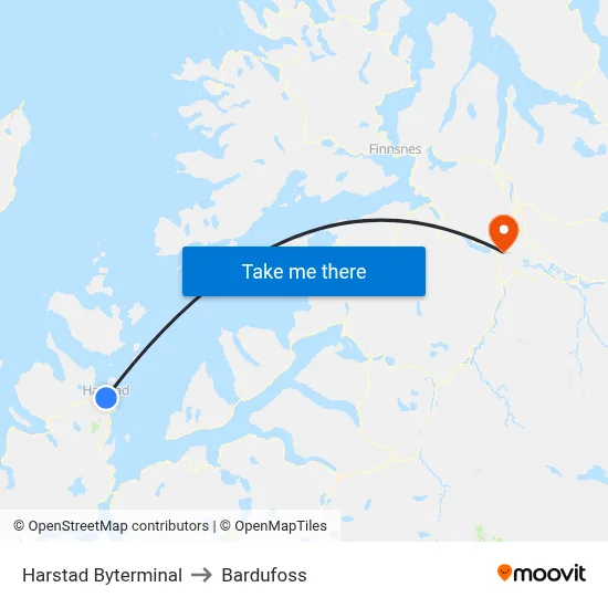 Harstad Byterminal to Bardufoss map