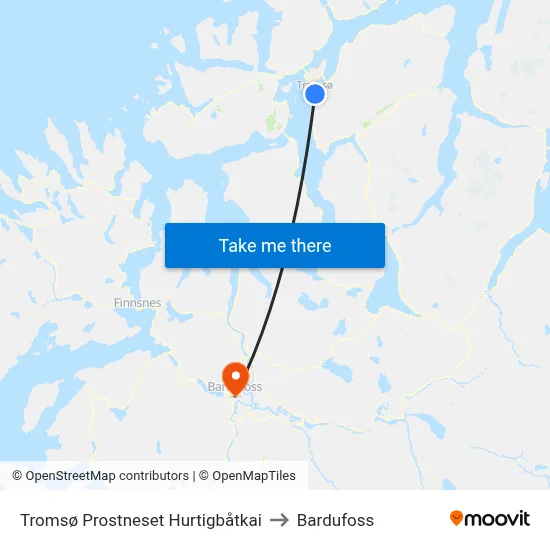 Tromsø Prostneset Hurtigbåtkai to Bardufoss map
