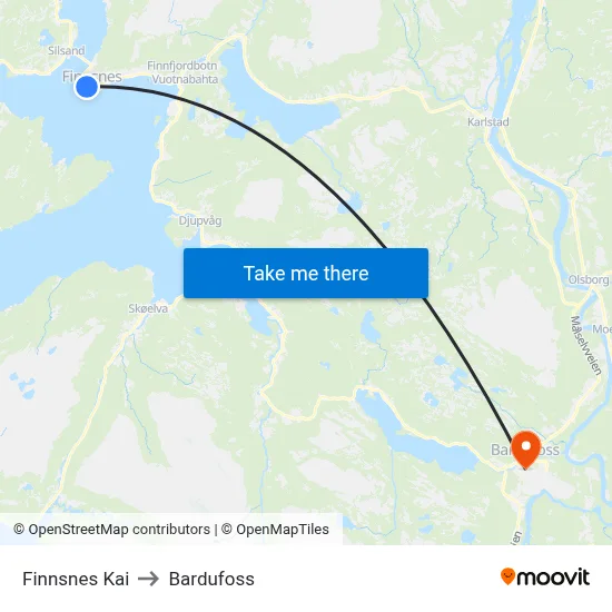 Finnsnes Kai to Bardufoss map