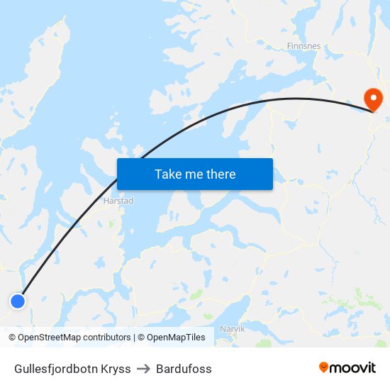 Gullesfjordbotn Kryss to Bardufoss map