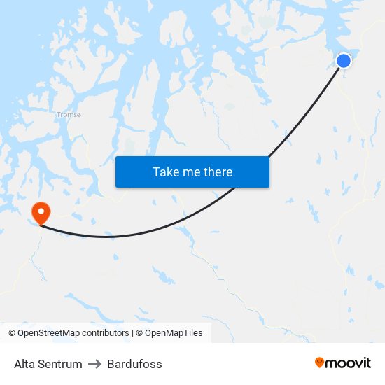 Alta Sentrum to Bardufoss map