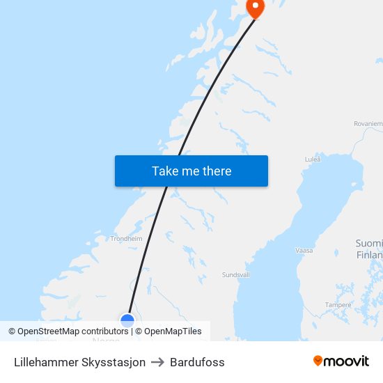 Lillehammer Skysstasjon to Bardufoss map