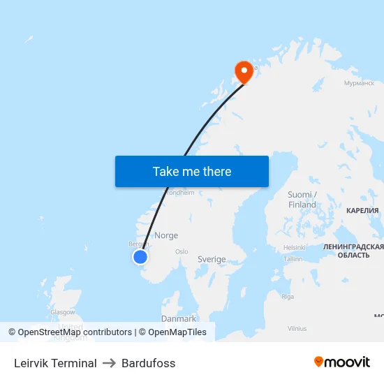 Leirvik Terminal to Bardufoss map