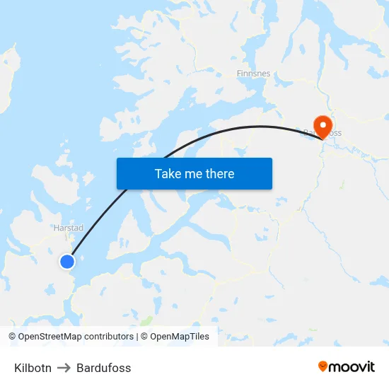 Kilbotn to Bardufoss map