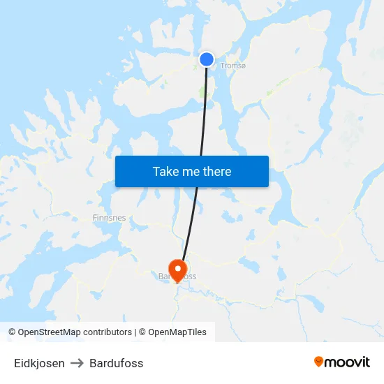 Eidkjosen to Bardufoss map