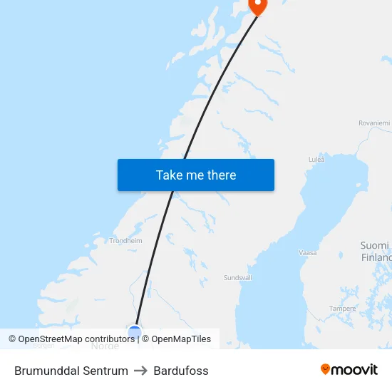 Brumunddal Sentrum to Bardufoss map