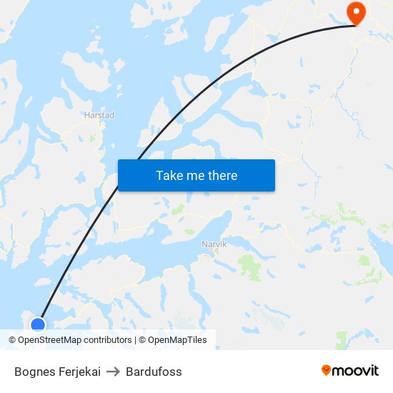 Bognes Ferjekai to Bardufoss map