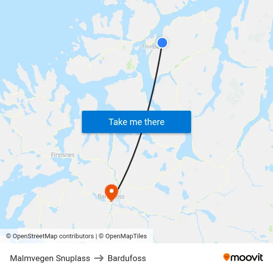 Malmvegen Snuplass to Bardufoss map