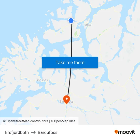Ersfjordbotn to Bardufoss map