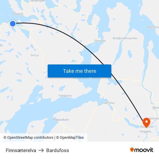 Finnsæterelva to Bardufoss map