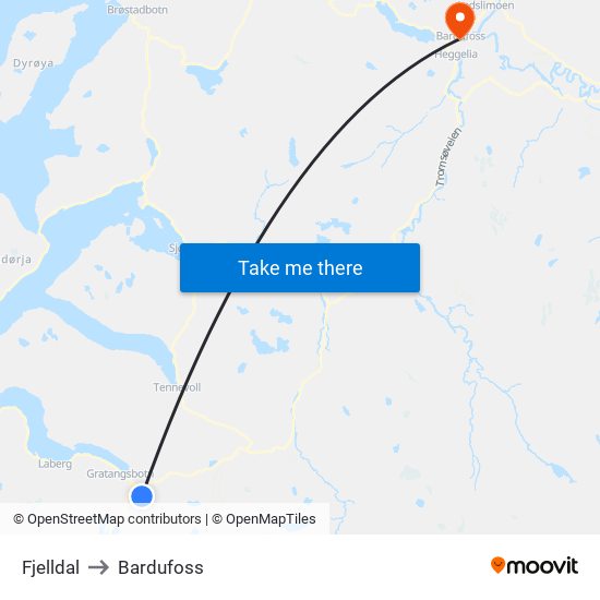 Fjelldal to Bardufoss map