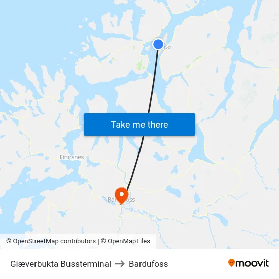 Giæverbukta Bussterminal to Bardufoss map