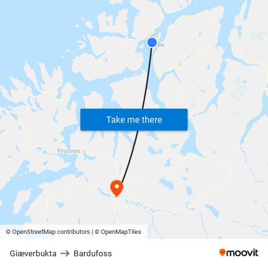 Giæverbukta to Bardufoss map