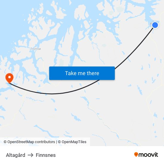 Altagård to Finnsnes map