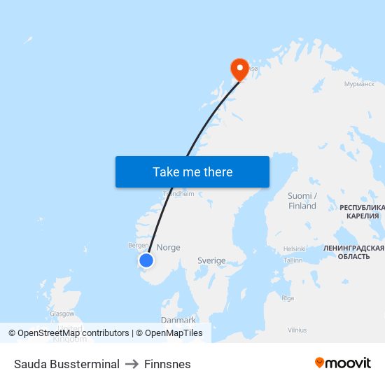 Sauda Bussterminal to Finnsnes map