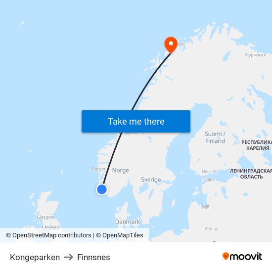 Kongeparken to Finnsnes map