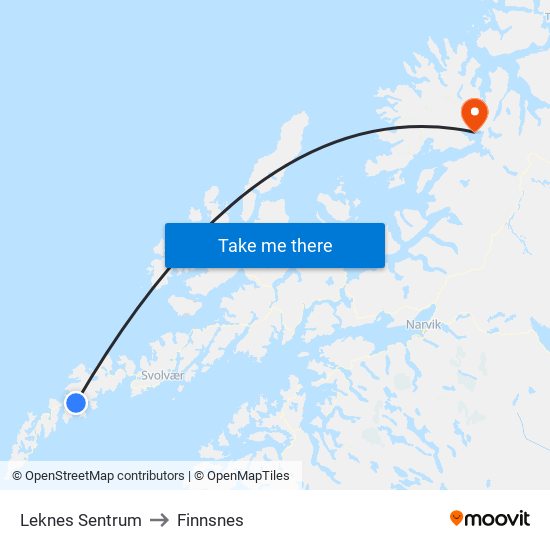Leknes Sentrum to Finnsnes map