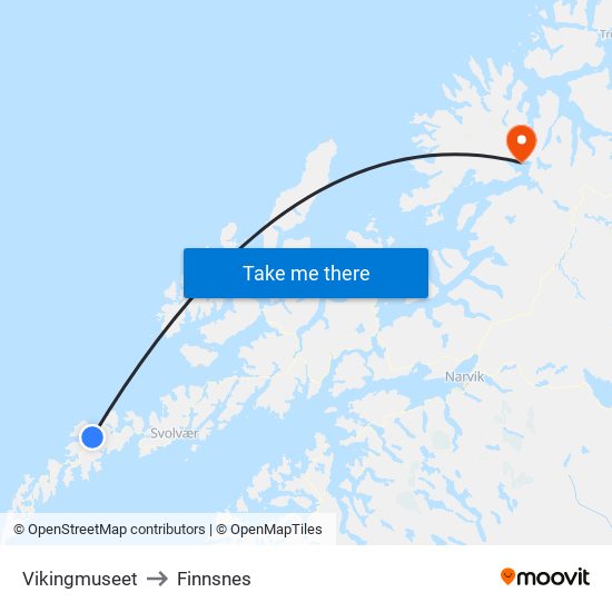 Vikingmuseet to Finnsnes map