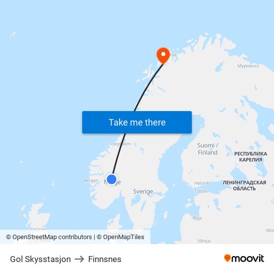 Gol Skysstasjon to Finnsnes map