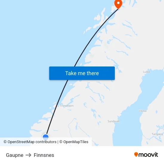 Gaupne to Finnsnes map