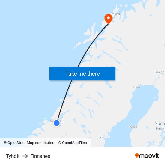 Tyholt to Finnsnes map