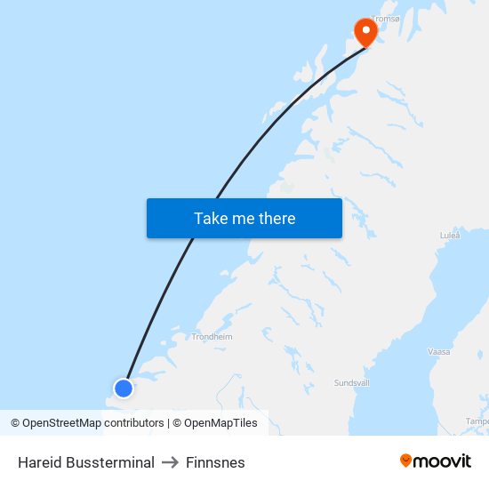 Hareid Bussterminal to Finnsnes map