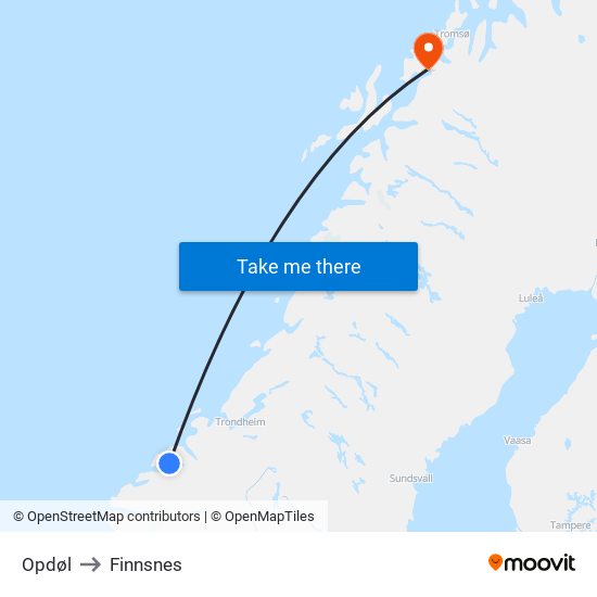 Opdøl to Finnsnes map