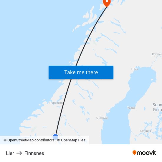 Lier to Finnsnes map