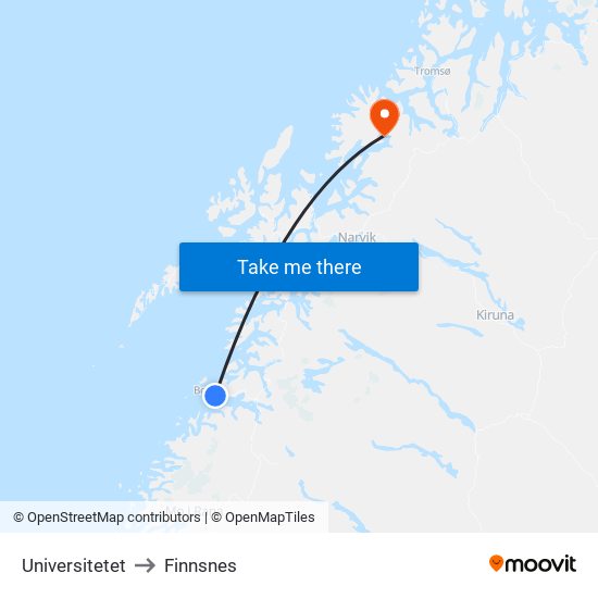 Universitetet to Finnsnes map