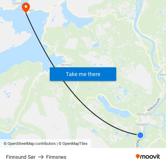 Finnsund Sør to Finnsnes map