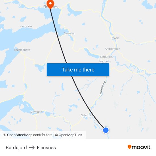 Bardujord to Finnsnes map